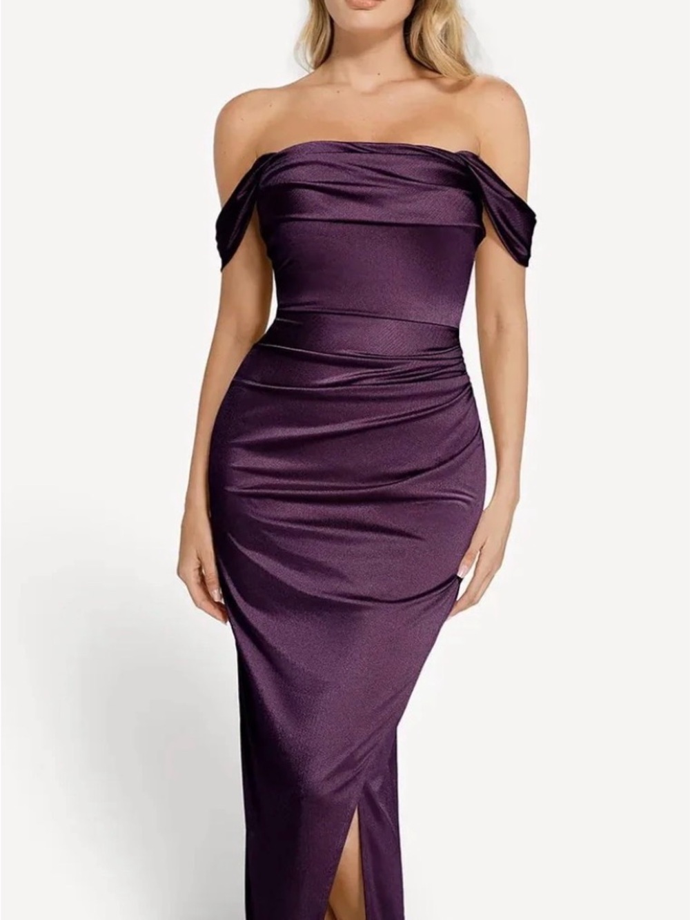 Nwt Popilush Shapewear Off Shoulder Shine Ruched Sculpting Maxi Dress purple L